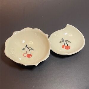 Cherry & Pit Bowls - Hand Painted Cream Red Green Design Set of Ceramic Bowls
